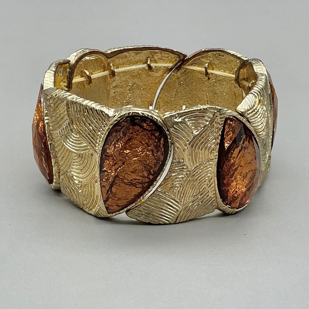 Stretch Bracelet Women Gold Tone Amber Foil Tear Drop Textured Wide Statement - Picture 4 of 6
